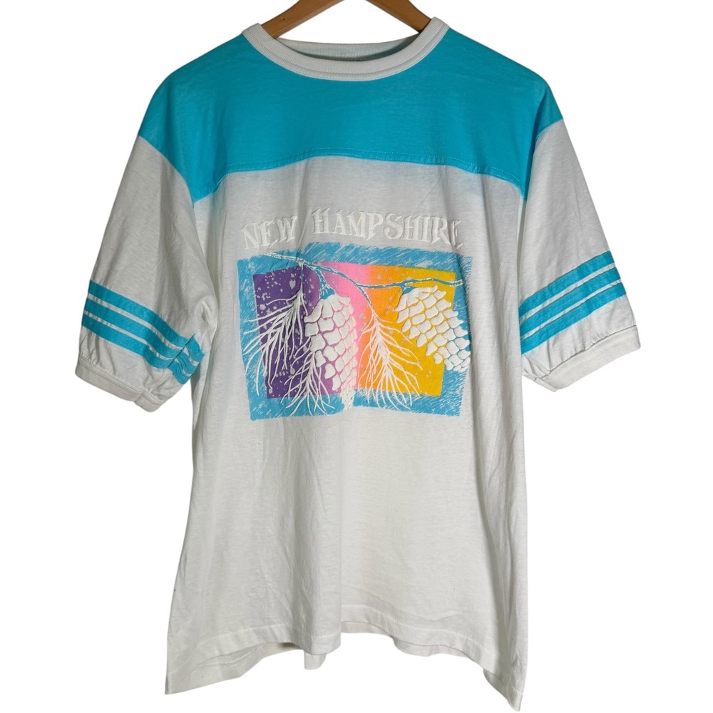 Vintage Alore 80's Unisex New Hampshire Striped Ringer T Shirt White Blue XL